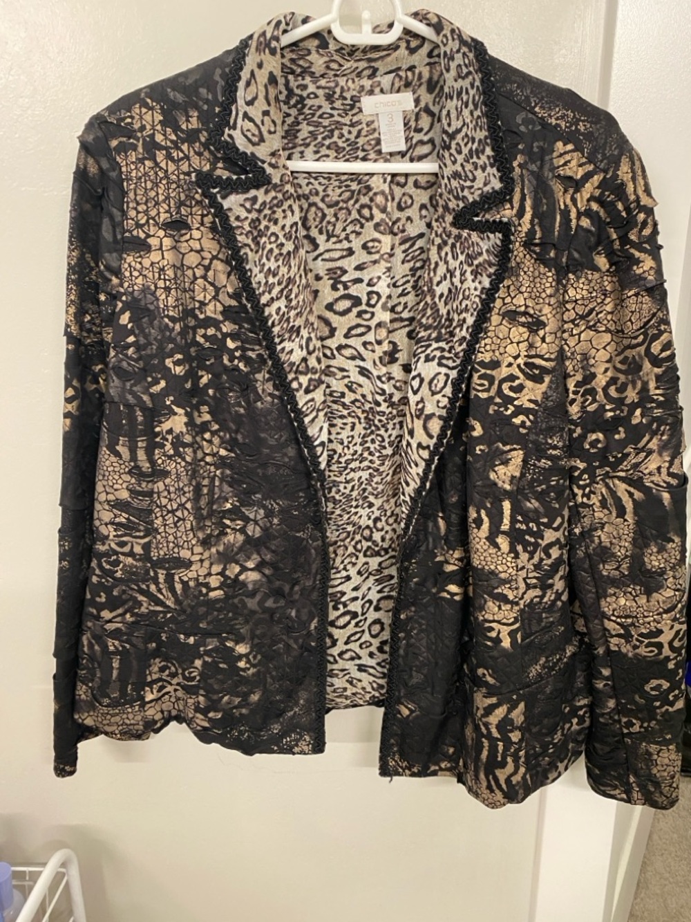 Chico's Black and Gold Animal-Print Open-Front Blazer